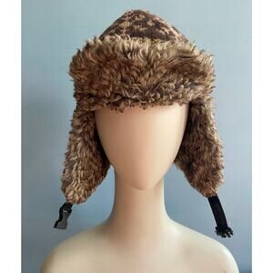 Thick Brown/Red Fleece Lined Winter Hat w/Ear Flaps sz OS (Unisex)